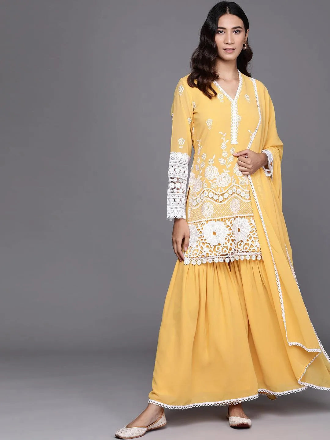 Yellow Embroidered Georgette Suit Set - Jashvi