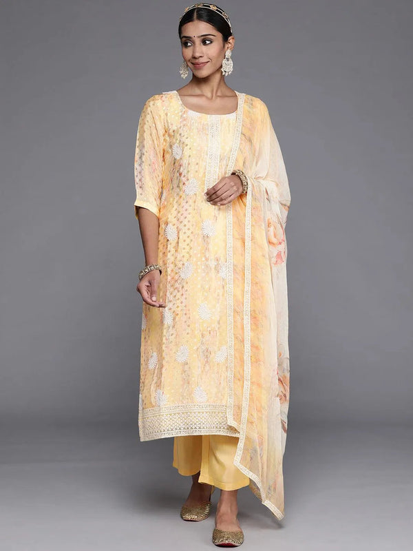 Yellow Embroidered Poly Georgette Straight Suit Set - Jashvi