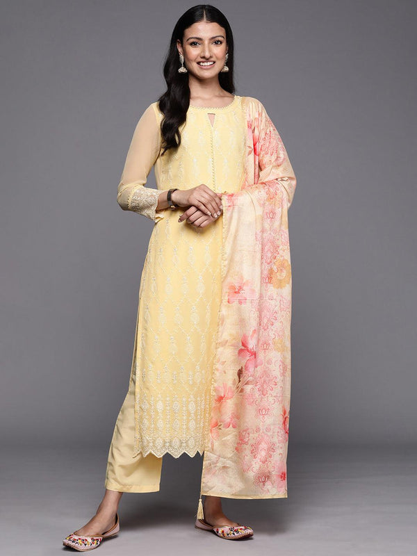 Yellow Embroidered Georgette Straight Suit Set With Trousers - Jashvi