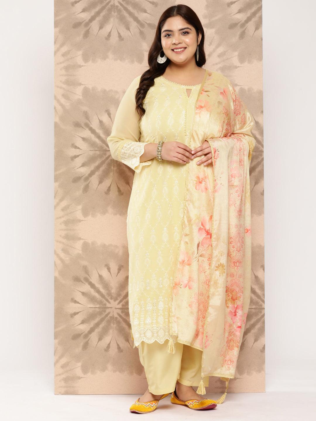 Yellow Embroidered Georgette Straight Kurta With Trousers and Dupatta - Jashvi