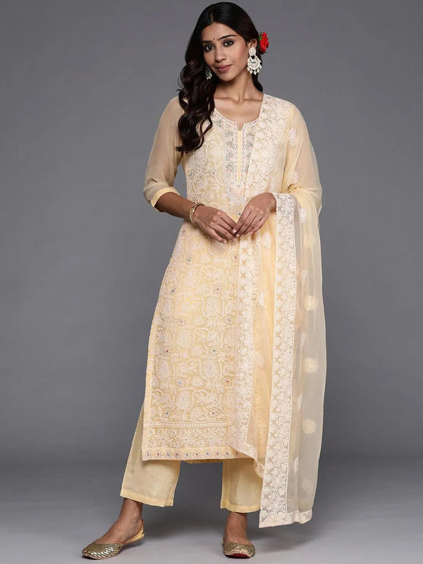 Yellow Embroidered Poly Georgette Straight Suit Set - Jashvi