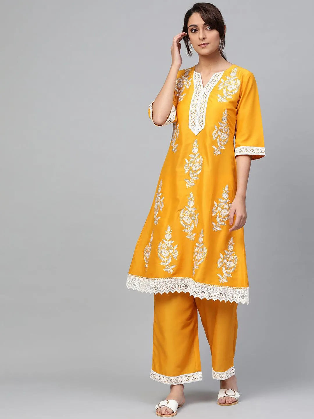 Yellow Embroidered Polyester Kurta Set - Jashvi