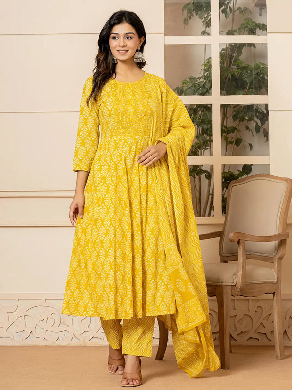 Yellow Embroidered Pure Cotton Anarkali Kurta Trouser With Dupatta Set