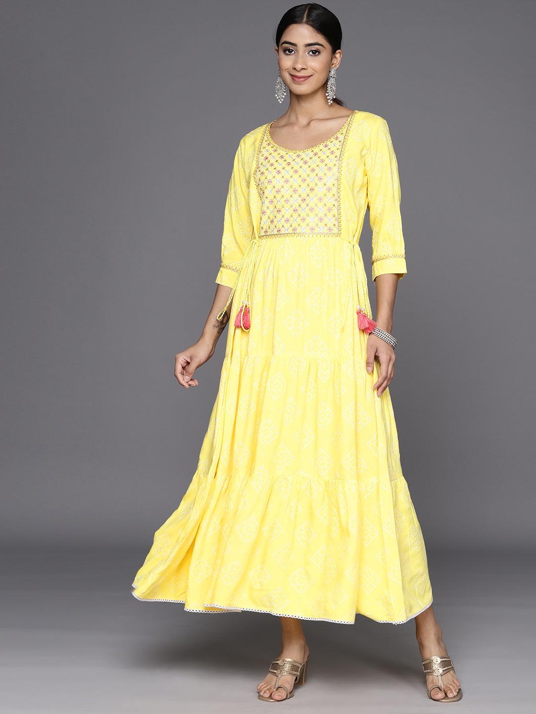 Yellow Embroidered Rayon Fit and Flare Dress - Jashvi