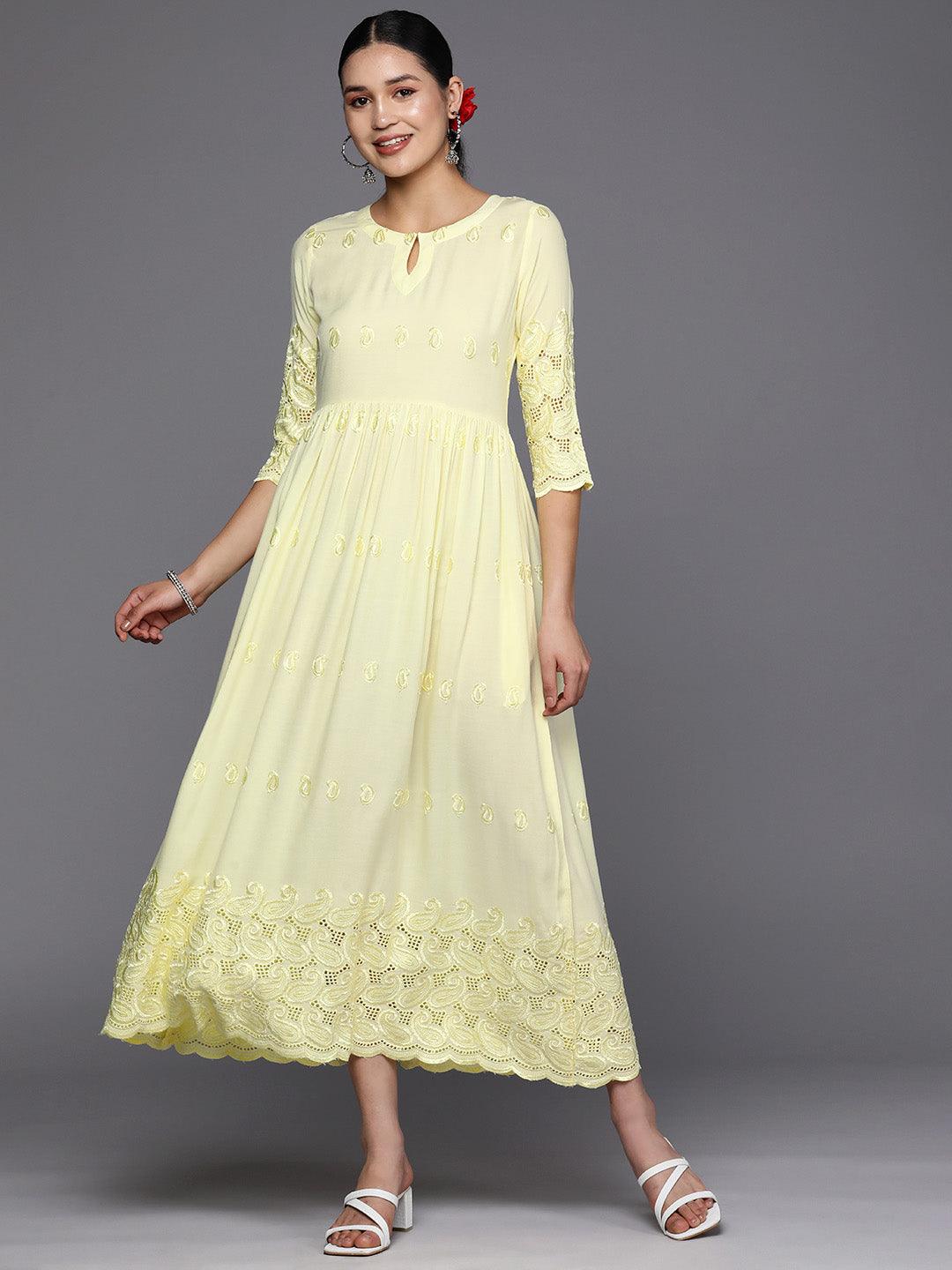 Yellow Embroidered Rayon Fit and Flare Dress - Jashvi