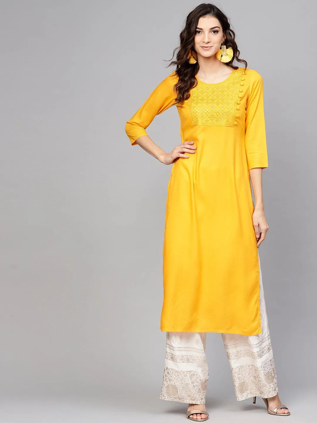 Yellow Embroidered Rayon Kurta - Jashvi