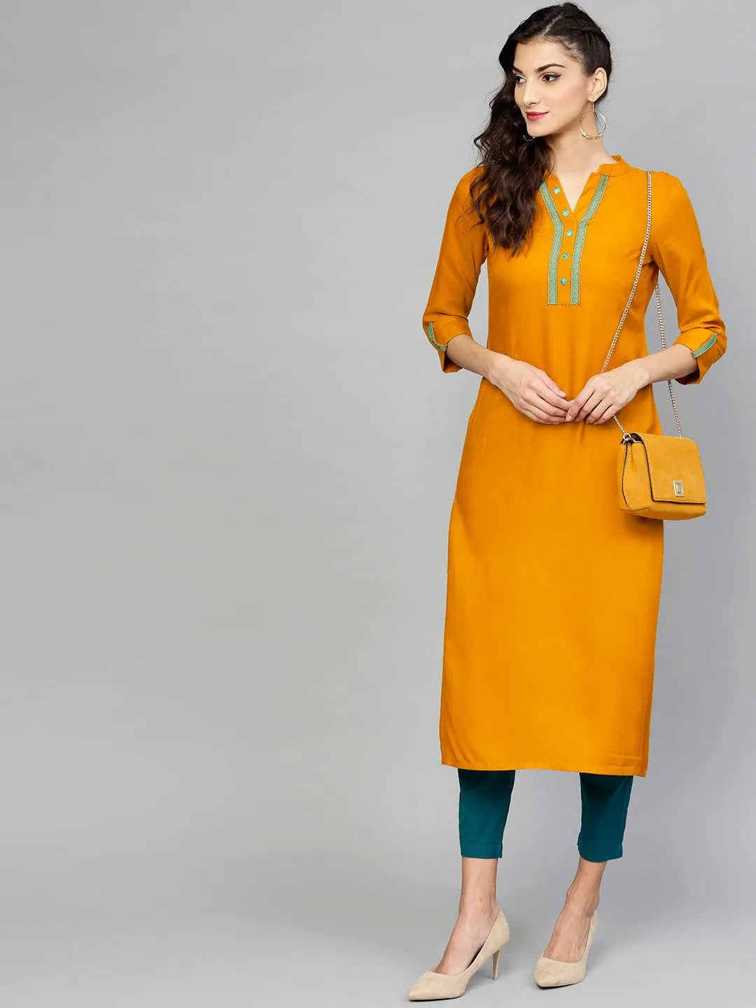 Yellow Embroidered Rayon Kurta - Jashvi