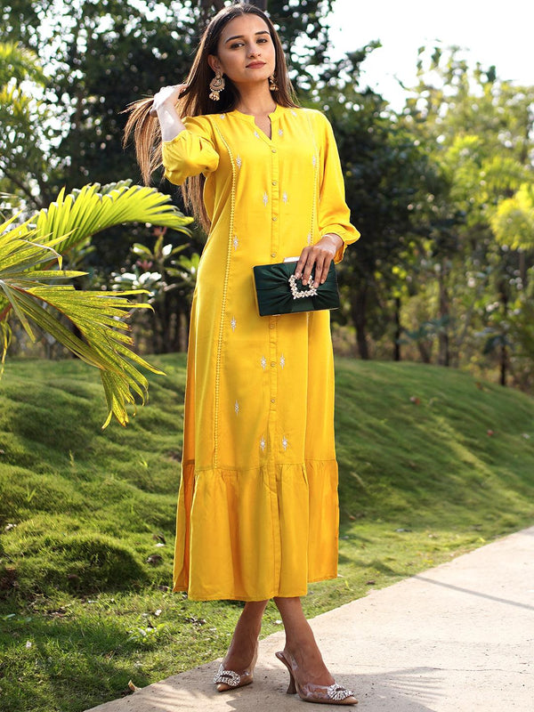 Yellow Embroidered Rayon Maxi Dress - Jashvi