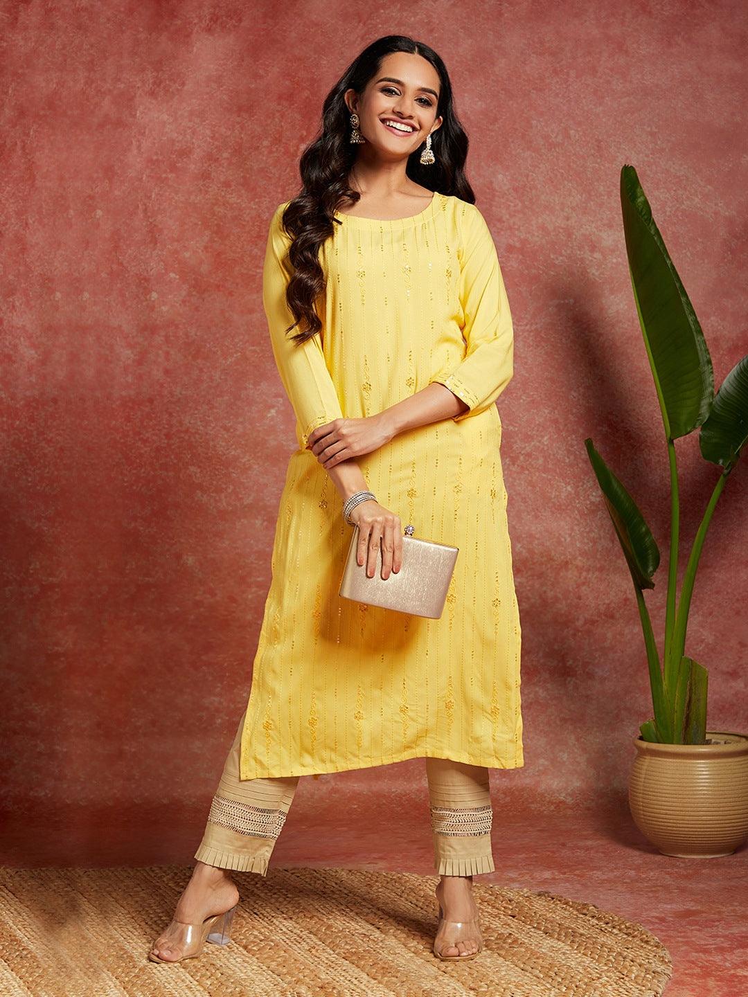 Yellow Embroidered Rayon Straight Kurta - Jashvi