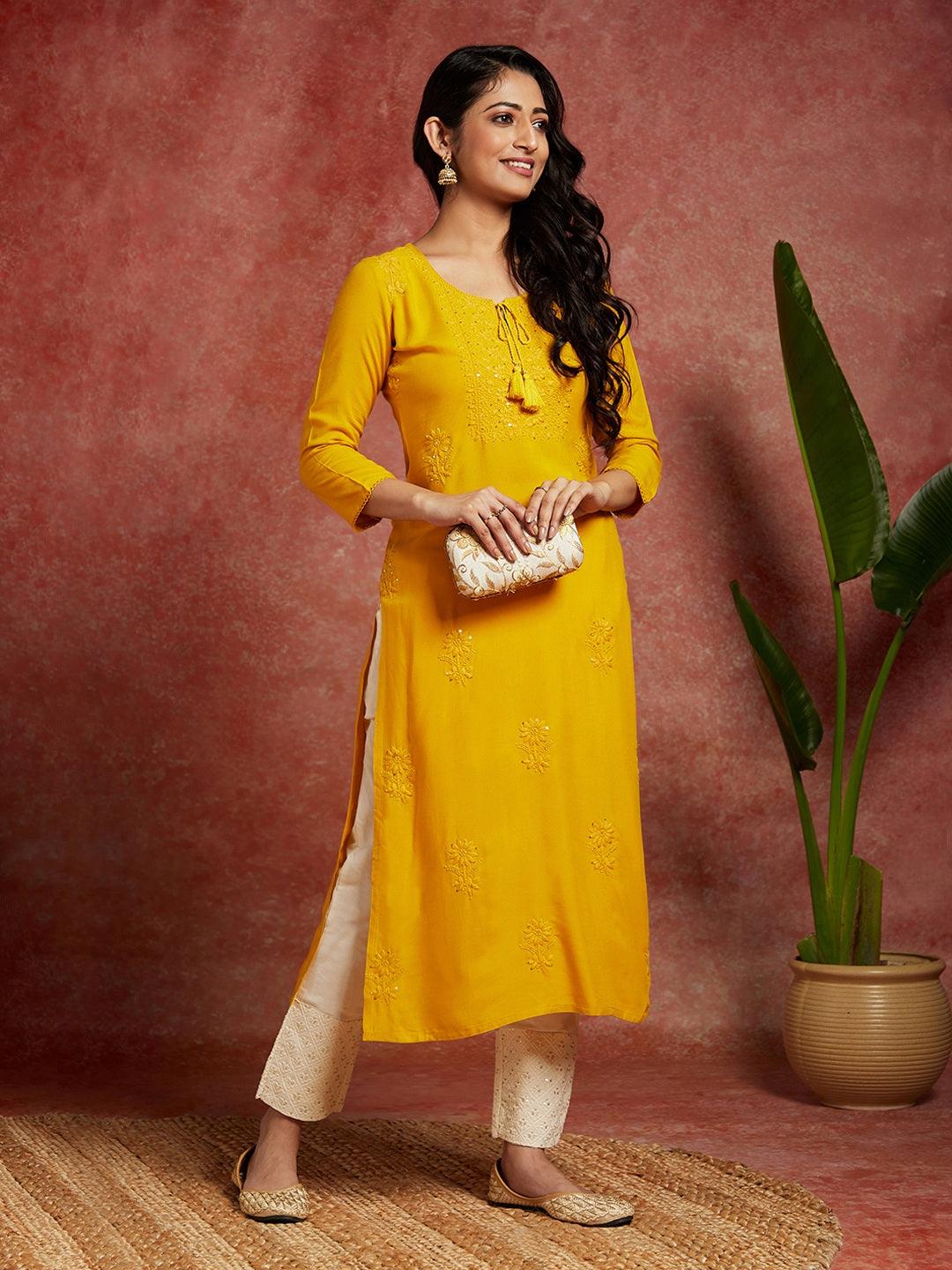 Yellow Embroidered Rayon Straight Kurta - Jashvi