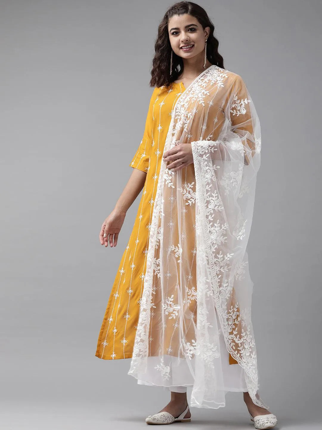 Yellow Embroidered Rayon Suit Set - Jashvi