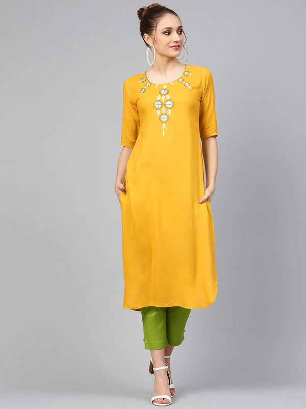 Yellow Embroidered Rayon Kurta Set - Jashvi