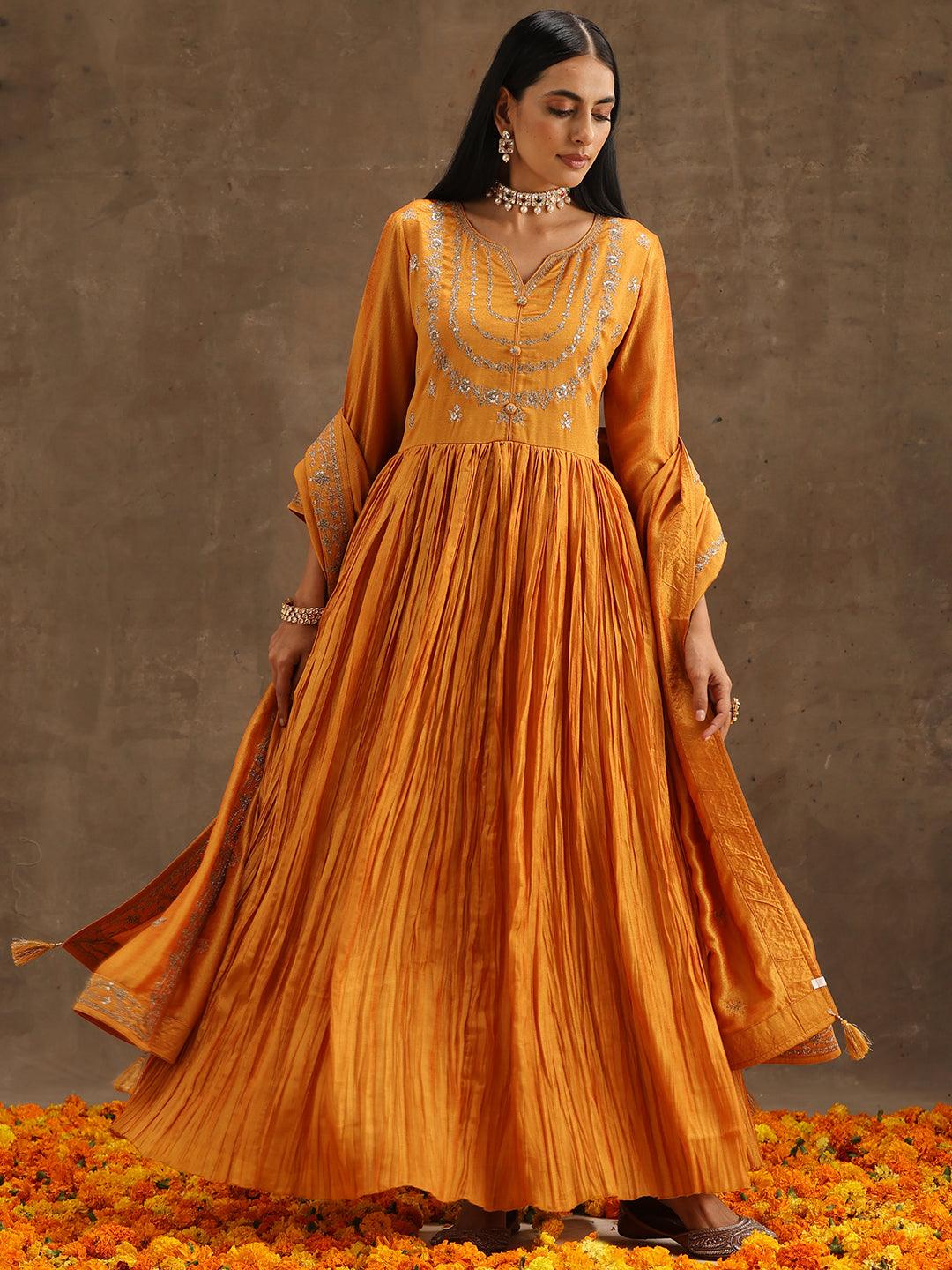 Yellow Embroidered Silk Blend Anarkali Suit Set With Trousers - Jashvi