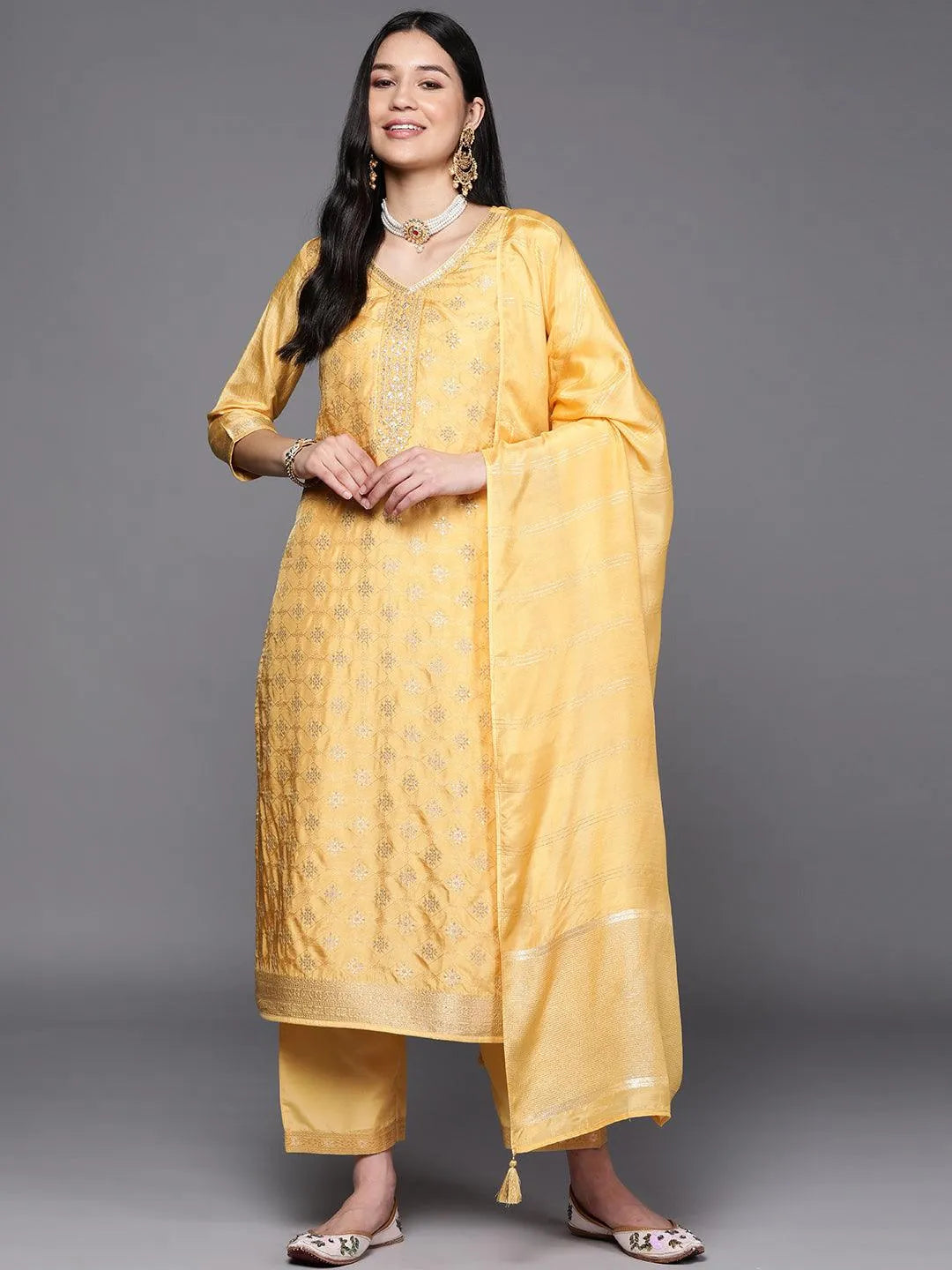 Yellow Embroidered Silk Blend Suit Set With Trousers - Jashvi