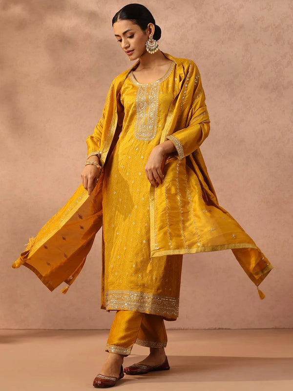 Yellow Embroidered Silk Blend Suit Set With Trousers - Jashvi