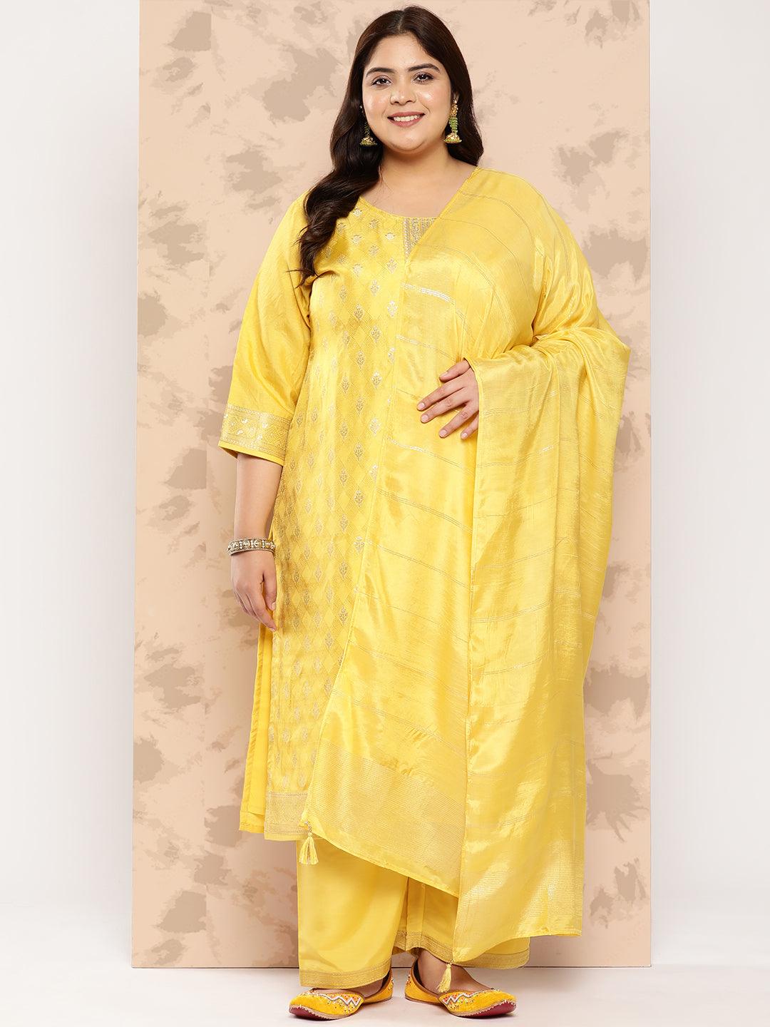 Yellow Embroidered Silk Blend Straight Kurta With Trousers and Dupatta - Jashvi