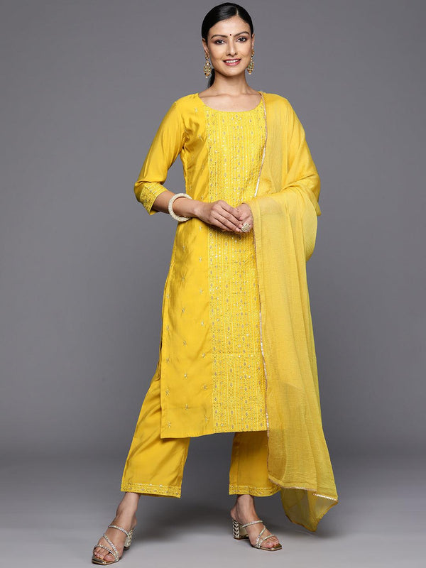 Yellow Embroidered Silk Blend Straight Kurta With Trousers & Dupatta - Jashvi