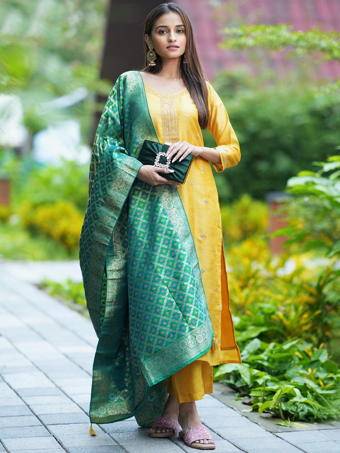 Yellow Embroidered Silk Blend Straight Kurta With Trousers & Dupatta - Jashvi