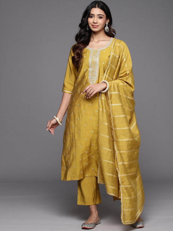 Yellow Embroidered Silk Blend Straight Kurta With Trousers & Dupatta - Jashvi