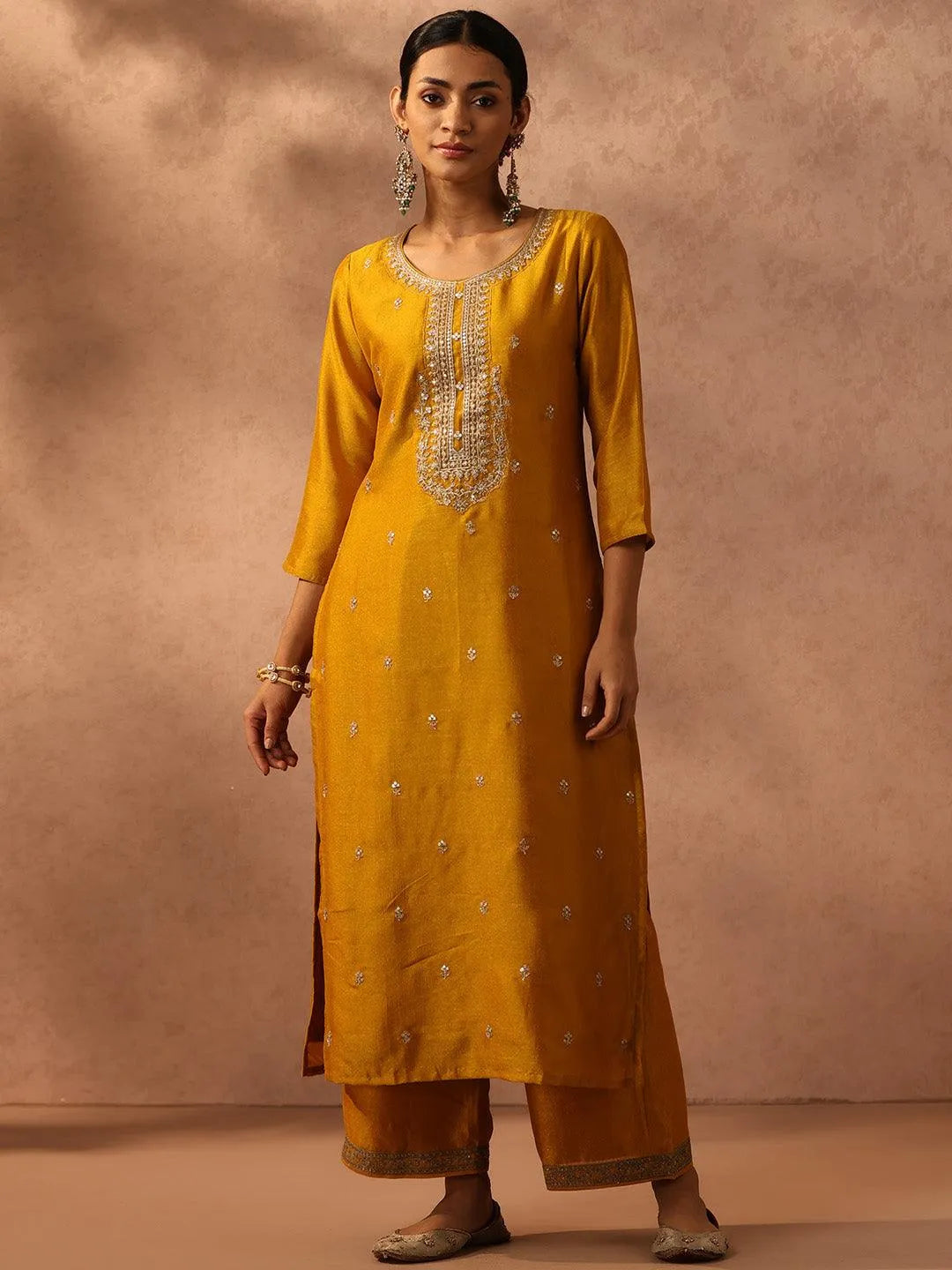 Yellow Embroidered Silk Straight Kurta - Jashvi