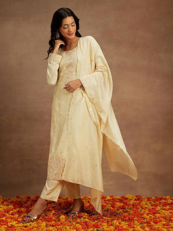 Yellow Embroidered Silk Straight Kurta With Trousers & Dupatta - Jashvi