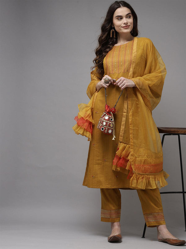 Women's Yellow Embroidered Straight Kurta Trouser With Dupatta Set - Odette