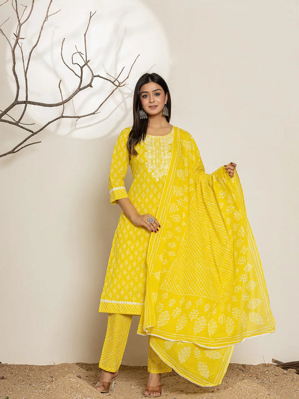 Yellow Ethnic Motifs Cotton Straight Kurta Dupatta Set-Indiakreations-JS6971SKDYLS