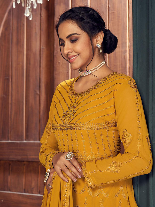 Women's Yellow Faux Georgette Heavy Chain Stich Embroidery Kurta Set - Odette