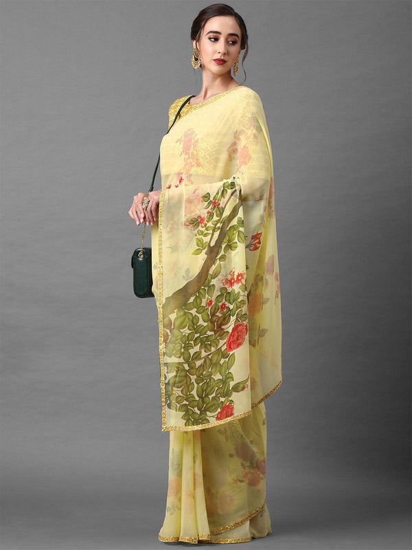 Women's Yellow Festive Georgette Printed Saree With Unstitched Blouse - Odette