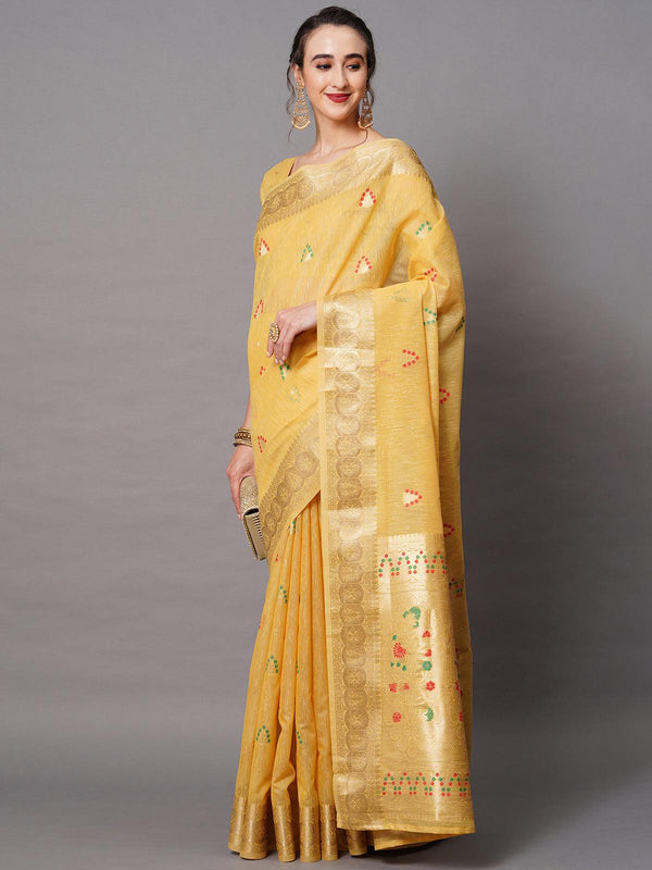 Women's Yellow Festive Silk Blend Woven Design Saree With Unstitched Blouse - Odette