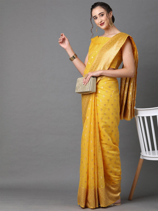 Women's Yellow Festive Silk Blend Woven Design Saree With Unstitched Blouse - Odette