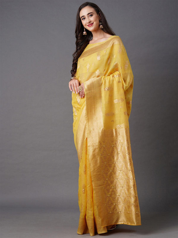 Women's Yellow Festive Silk Blend Woven Design Saree With Unstitched Blouse - Odette