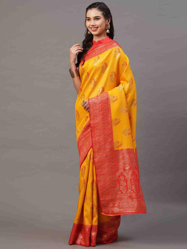 Women's Yellow Festive Silk Blend Woven Design Saree With Unstitched Blouse - Odette