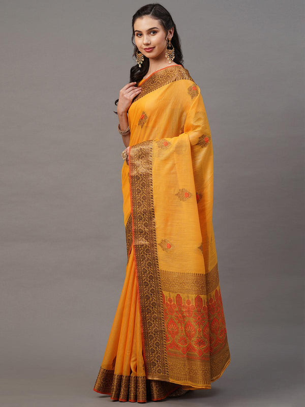 Women's Yellow Festive Silk Blend Woven Design Saree With Unstitched Blouse - Odette