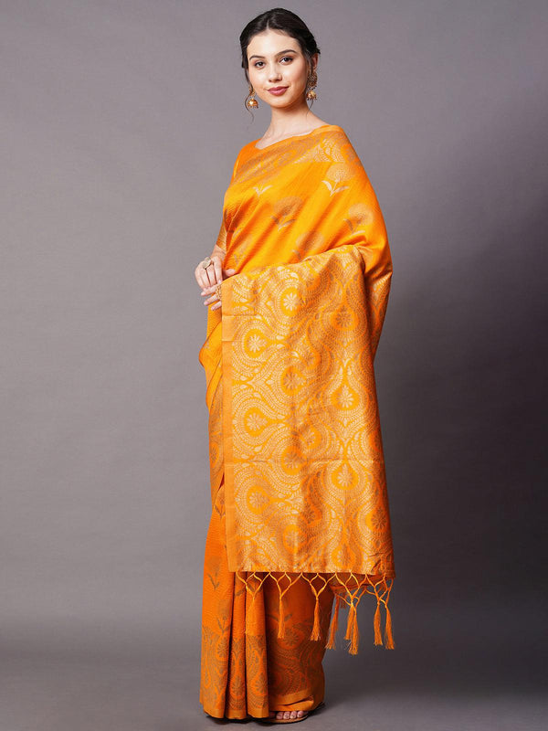 Women's Yellow Festive Silk Blend Woven Design Saree With Unstitched Blouse - Odette