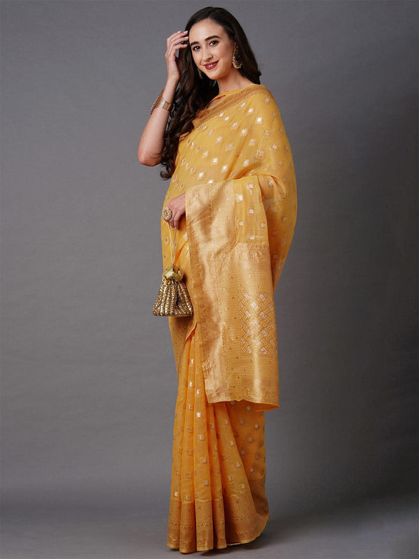 Women's Yellow Festive Silk Blend Woven Design Saree With Unstitched Blouse - Odette