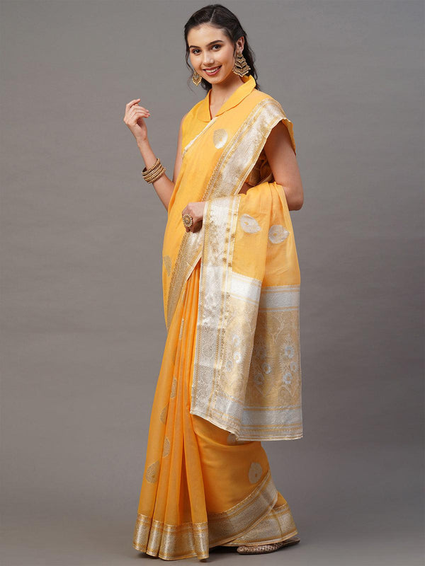 Women's Yellow Festive Silk Blend Woven Design Saree With Unstitched Blouse - Odette