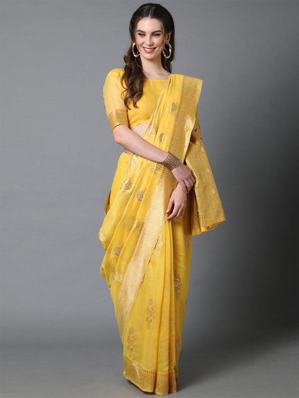 Women's Yellow Festive Silk Blend Woven Design Saree With Unstitched Blouse - Odette