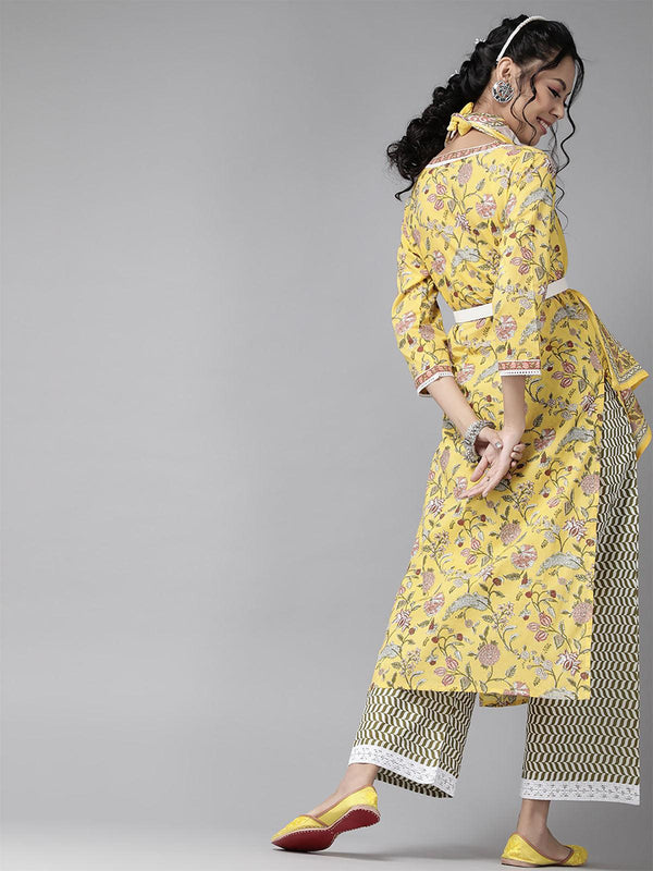 Women's Yellow Floral Printed Straight Kurta Palazzo With Dupatta Sets - Odette