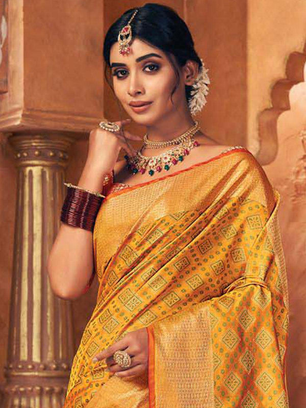 Women's Yellow Heavily Woven Patola Silk Saree - Odette