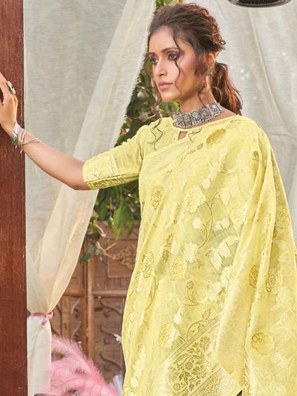 Women's Yellow Heavy Woven Designer Linen Saree - Odette