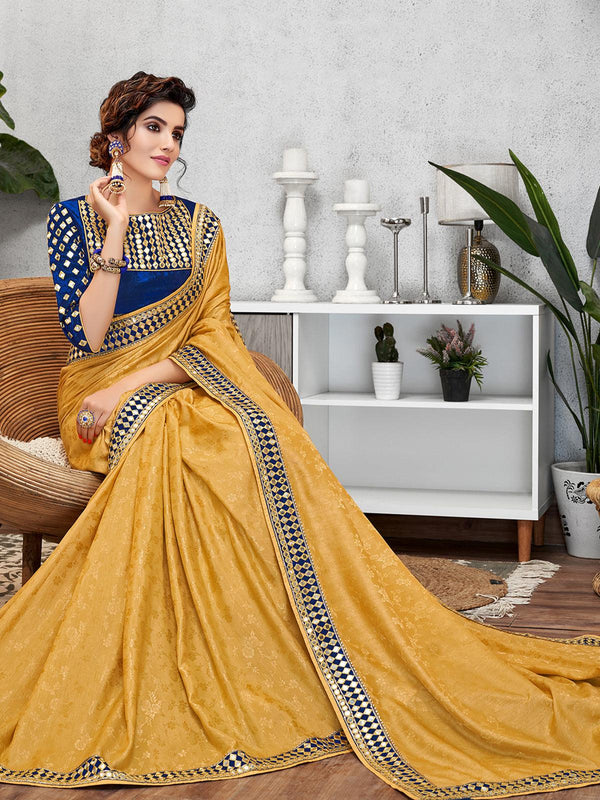 Women's Yellow Jacquard Silk Designer Saree With Blouse - Odette