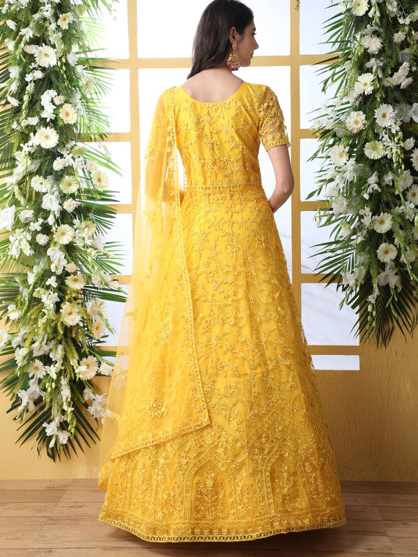 Women's Yellow Net Anarkali - Odette