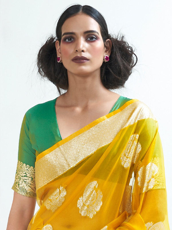 Women's Yellow Party Wear Organza Woven Design Saree With Unstitched Blouse - Odette