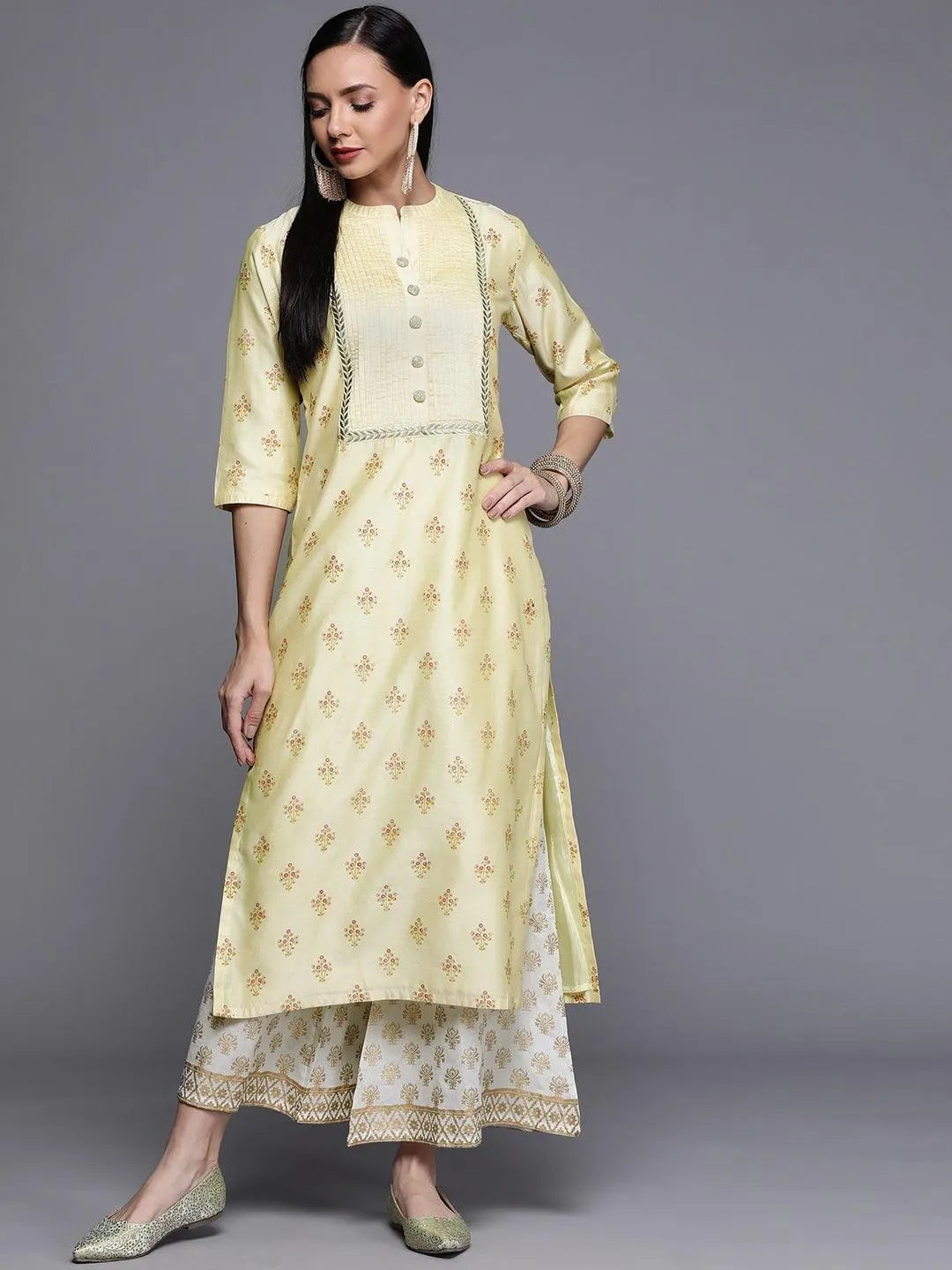 Yellow Printed Chanderi Silk Kurta - Jashvi