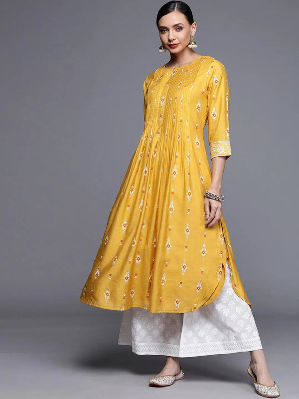 Yellow Printed Chanderi Silk Kurta - Jashvi