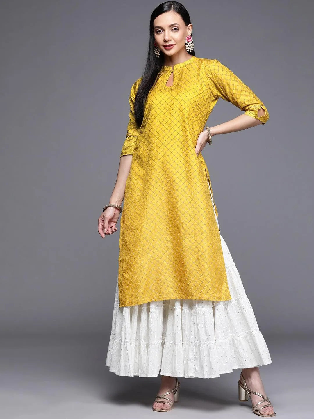 Yellow Printed Chanderi Silk Kurta - Jashvi