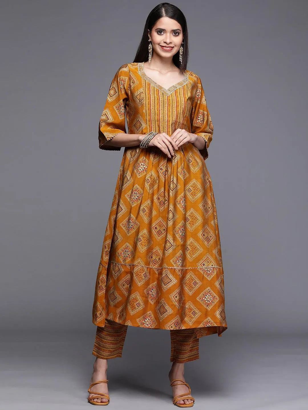 Yellow Printed Chanderi Silk Kurta - Jashvi