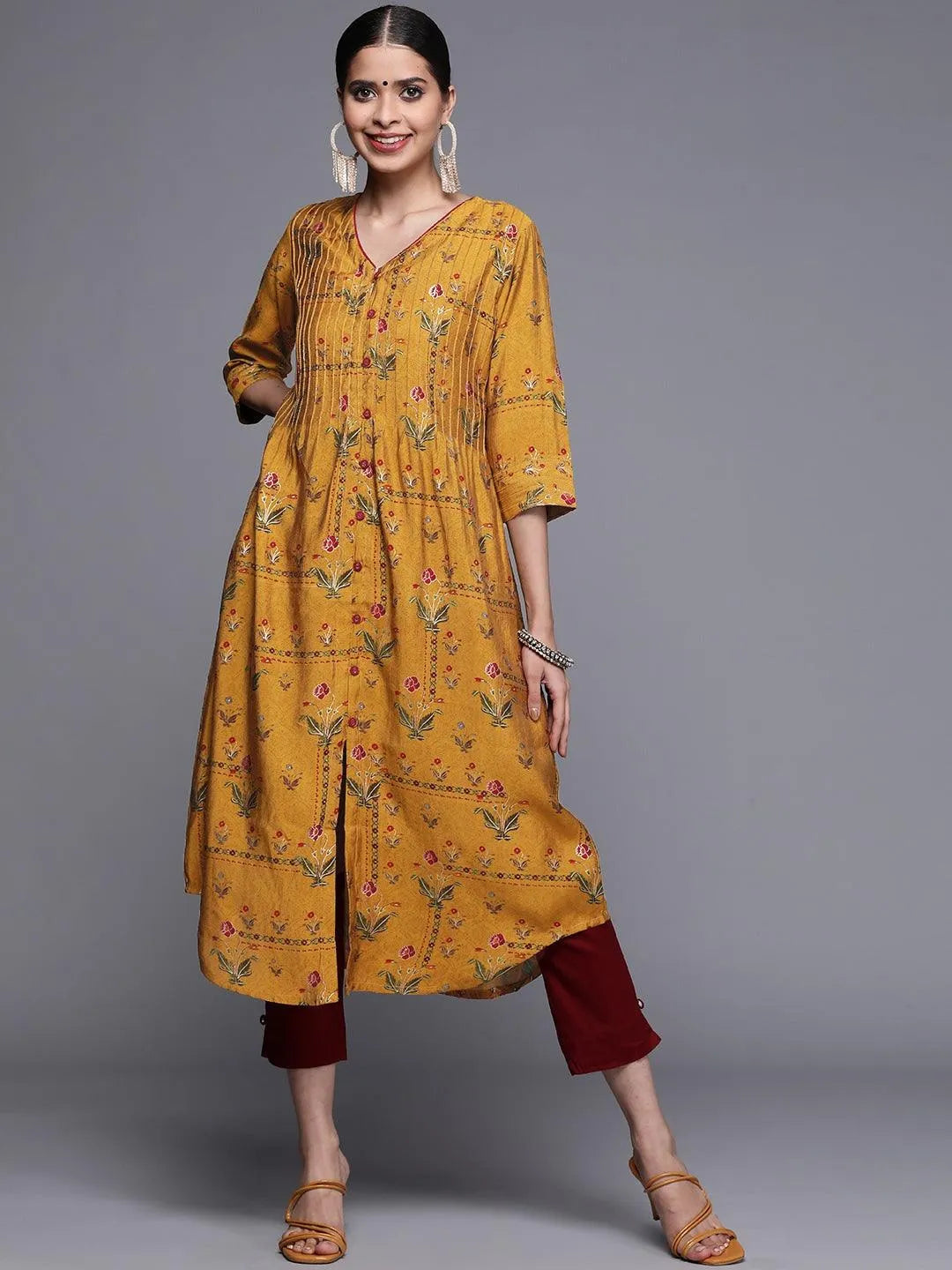 Yellow Printed Chanderi Silk Kurta - Jashvi