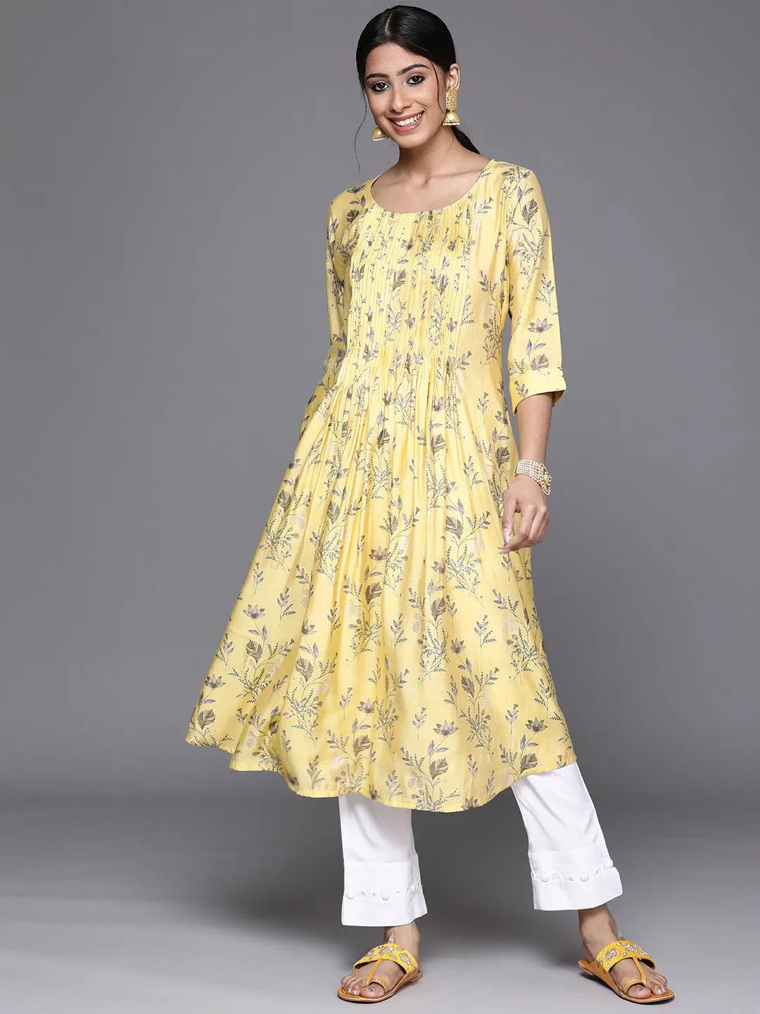 Yellow Printed Chanderi Silk Kurta - Jashvi